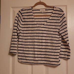 Navy blue and white striped lace top.
